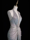 Elegant Mermaid Halter Sequined Pleated Long Prom Dresses Evening Outfits Formal Dress HZ0311
