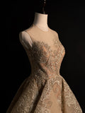 Cute Ball Gown Scoop Gold Lace Appliques Long Prom Dress Evening Outfits Semi Formal Dress HZ0311