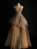 Cute Ball Gown Scoop Gold Lace Appliques Long Prom Dress Evening Outfits Semi Formal Dress HZ0311