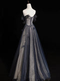 Elegant A line Sweetheart Navy Blue Tulle Pleated Long Prom Dresses Evening Outfits Formal Dress HZ0311