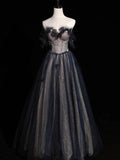 Elegant A line Sweetheart Navy Blue Tulle Pleated Long Prom Dresses Evening Outfits Formal Dress HZ0311