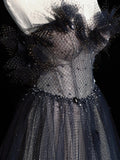 Elegant A line Sweetheart Navy Blue Tulle Pleated Long Prom Dresses Evening Outfits Formal Dress HZ0311