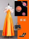 Modest A line Off The Shoulder Orange Appliqued Satin Long Prom Dresses Night Formal Dresses HZ0311