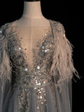 Modest A line V Neckline Silver Grey Tulle With Beaded Bodice Long Prom Dresses Night Formal Dresses HZ0311