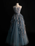 Modest A line Sweetheart Blue Grey Tulle With Ruffle Bodice Long Prom Dresses Night Formal Dresses HZ0311