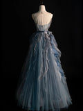 Modest A line Sweetheart Blue Grey Tulle With Ruffle Bodice Long Prom Dresses Night Formal Dresses HZ0311
