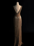 Modest Mermaid V Neckline Sequined Tassels Long Prom Dresses Night Formal Dress HZ0311