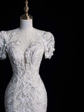 Civil Wedding Dresses Mermaid Scoop Neck White Sequin With Beaded Bodice Short Sleeves Brides Dress Fitted Bridal Gowns HZ0311