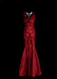 Retro Classy Mermaid V Neck 1950s Burgundy Satin Pleated Long Prom Dresses Formal Gowns HZ0311