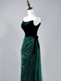 Glitter Mermaid Strapless Dark Green Sequin Pleated Long Prom Dresses Formal Gowns HZ0311