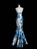 Retro Classy Mermaid Spaghetti Strap Floral Blue Satin 1950s Prom Dresses Formal Gowns HZ0311