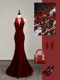 Simple Mermaid Jewel Burgundy Velvet With Beadings Long Prom Dresses Formal Gowns HZ0311