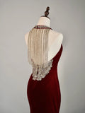 Simple Mermaid Jewel Burgundy Velvet With Beadings Long Prom Dresses Formal Gowns HZ0311