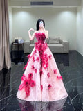 Modest Ball Gown Strapless Pink Flowers Tulle Long Prom Dresses Party Dress 21st Birthday Outfits Graduation Gown HZ0311