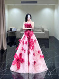 Modest Ball Gown Strapless Pink Flowers Tulle Long Prom Dresses Party Dress 21st Birthday Outfits Graduation Gown HZ0311