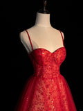 Princess Ball Gown Spaghetti Strap Sequin Red Tulle Long Prom Dresses Party Dress 18th Birthday Outfits Graduation Gown HZ0311