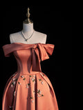 Princess Ball Gown Off The Shoulder Rust Red Satin Long Prom Dresses Party Dress 18th Birthday Outfits Graduation Gown HZ0311