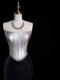 Retro Classy Mermaid Strapless Silver Gray Satin Black Sequined 1950s Long Prom Dresses Formal Gowns HZ0311