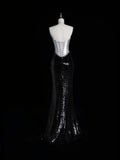 Retro Classy Mermaid Strapless Silver Gray Satin Black Sequined 1950s Long Prom Dresses Formal Gowns HZ0311