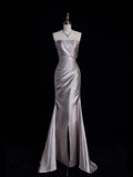 Retro Classy Mermaid Strapless Silver Gray Satin With Slit 1950s Long Prom Dresses Formal Gowns HZ0311