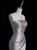 Retro Classy Mermaid Strapless Silver Gray Satin With Slit 1950s Long Prom Dresses Formal Gowns HZ0311