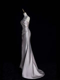 Retro Classy Mermaid Strapless Silver Gray Satin With Slit 1950s Long Prom Dresses Formal Gowns HZ0311