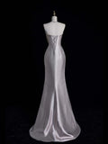 Retro Classy Mermaid Strapless Silver Gray Satin With Slit 1950s Long Prom Dresses Formal Gowns HZ0311