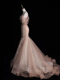 Modest Mermaid Off The Shoulder Blush Pink Tulle Long Prom Dresses Party Dress 22th Birthday Outfits Graduation Gown HZ0311