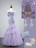 Modest Mermaid Off The Shoulder Lilac Tulle Long Prom Dresses Party Dress 22th Birthday Outfits Graduation Gown HZ0311