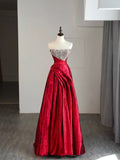 Retro Classy Ball Gown Strapless Red Satin Long 1950s Prom Dresses Formal Gowns HZ0311