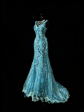 Chic Mermaid V Neck Blue Sequin Lace Long Party Dresses Prom Dresses Impress Senior Formal Dance Dress HZ0311