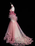 Retro Mermaid Halter Pink Tulle With Sleeves Party Dresses Prom Dresses Impress Senior Formal Dance Dress HZ0311