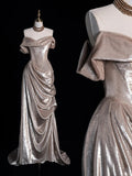 Princess Mermaid Off The Shoulder Champagne Long Prom Dresses Evening Outfits Formal Dress HZ0311