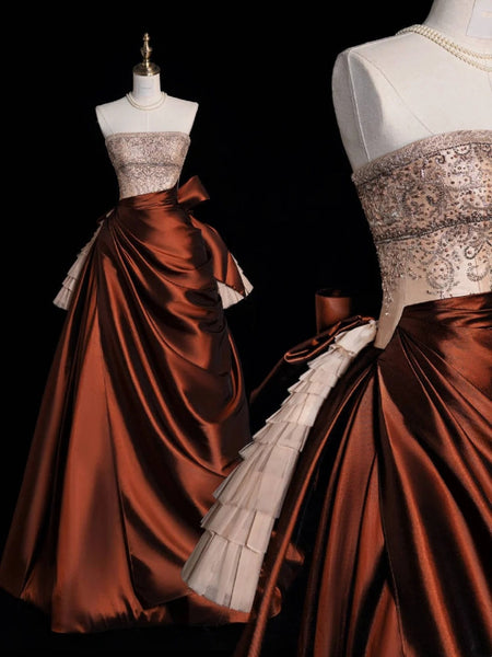 Modest Ball Gown Strapless Satin Pleated Beaded Long Prom Dresses Part ...