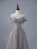 Sexy A line Off The Shoulder Grey Tulle With Sleeves Long Prom Dresses Evening Outfits Formal Dress HZ0311
