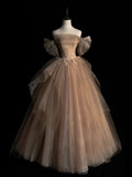 Sexy Ball Gown Off The Shoulder Champagne Tulle With Sleeves Long Prom Dresses Evening Outfits Formal Dress HZ0311