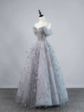 Sexy Ball Gown Off The Shoulder Silver Grey Tulle With Sleeves Long Prom Dresses Evening Outfits Formal Dress HZ0311