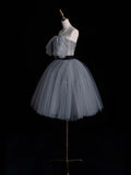 Simple Ball Gown Strapless Silver Gray Tulle Short 16th Birthday Outfits Middle School Homecoming Dresses Cocktail Gown HZ0311