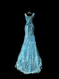 Chic Mermaid V Neck Blue Sequin Lace Long Party Dresses Prom Dresses Impress Senior Formal Dance Dress HZ0311