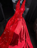 Sparkly Mermaid Halter Red Sequins Long Party Dresses Prom Dresses Impress Formal Party Dress HZ0311