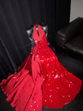 Sparkly Mermaid Halter Red Sequins Long Party Dresses Prom Dresses Impress Formal Party Dress HZ0311