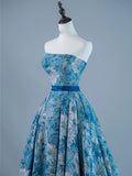 Sexy Ball Gown Strapless Sleeveless Blue Floral Satin Long Prom Dresses Evening Outfits Formal Dress HZ0311