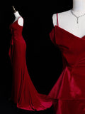 Chic Mermaid Spaghetti Strap Red Velvet Long Party Dresses Prom Dresses Impress Formal Party Dress HZ0311