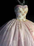 Cute Ball Gown Strapless Pink Sleeveless With Applique Tulle Long Quinceanera Dresses Sweet 15 16 Birthday Outfits HZ0311