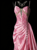 Unique Mermaid Spaghetti Straps Pink Satin Vintage 1950s Long Prom Dresses Party Dress 18th Birthday Outfits HZ0311