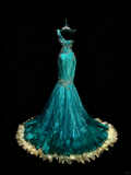 Princess Mermaid One Shoulder Gold Beaded Ruffles Long Prom Dresses Evening Outfits Formal Dress HZ0311