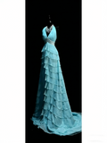 Princess A line Halter Blue Chiffon Tiered Ruffles Long Prom Dresses Evening Outfits Formal Dress HZ0311