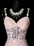 Stunning Mermaid Spaghetti Straps Blush Pink Tulle Lace Long Prom Dresses Evening Outfits Formal Dress HZ0311