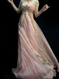 Stunning A line Sweetheart With Straps Pink Chiffon Lace Long Prom Dresses Evening Outfits Formal Dress HZ0311