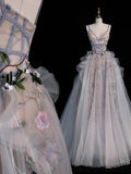Modest Ball Gown Spaghetti Strap Tulle Gray With Appliques Bodice College Formal Outfit Long Prom Inspo Graduation Dresses HZ0311